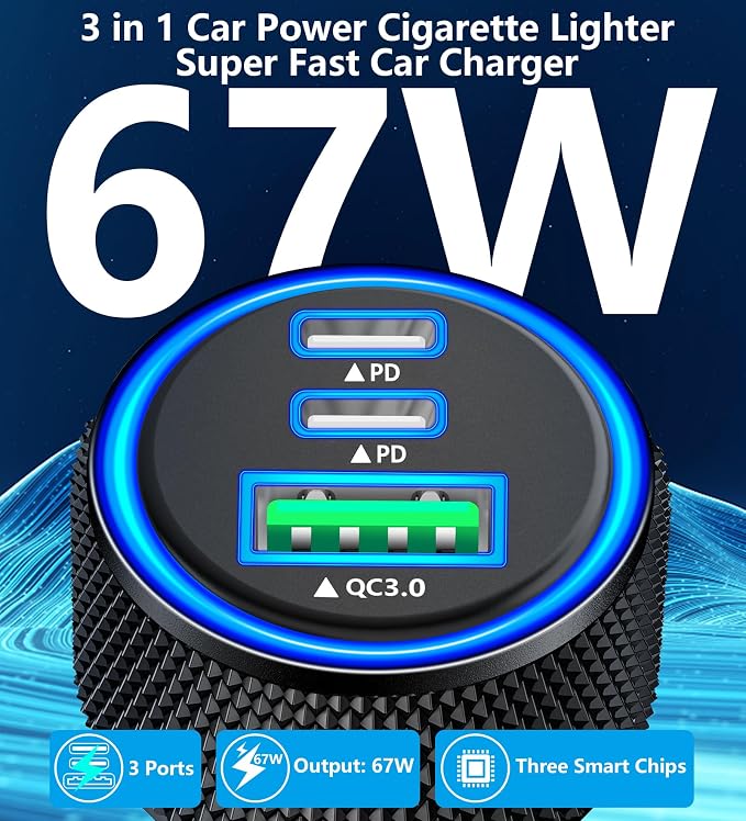 [Apple MFi Certified] iPhone 17 Car Charger, Rombica 3-Port 67W USB-C&USB-A Car Phone Charger Car Accessories PD/QC Fast Car Charging + Type-C Braided Cord for iPhone 17/17 Pro/16 Pro/15/Galaxy/Pixel