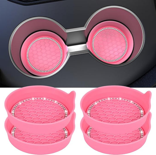 Amooca Car Cup Coaster Universal Non-Slip Cup Holders Bling Crystal Rhinestone Car Interior Accessories 4 Pack Peach Pink