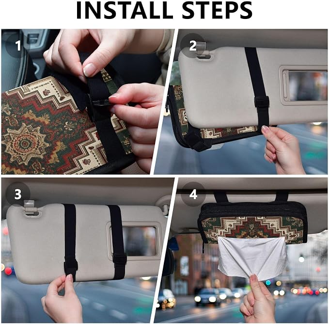 Car Visor Tissue Holder Mask Holder for Car, Car Tissue Box Sun Visor Napkin Holder Car Visor Accessories Adjustable Straps Reusable Durable Easy to Install Boho Olive Green Decor