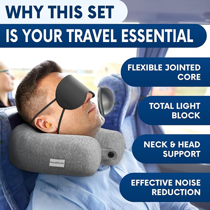 Twist Memory Foam Neck Pillow Travel Airplane, Car & Train - Adjustable & Bendable Airplane Pillow for Long Flight, Breathable, Washable Cotton Cover, Eye Mask & Earplugs | Neck, Chin & Lumbar Support