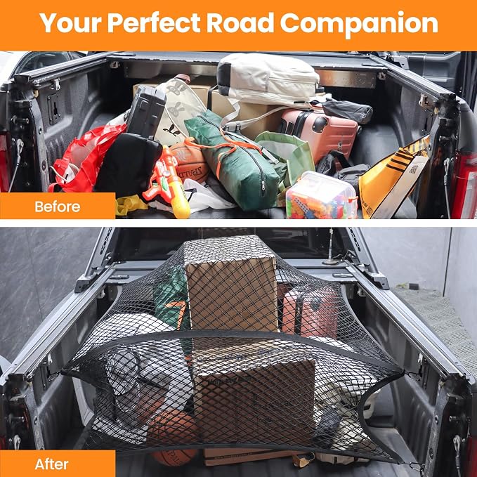 Double-Layer Truck Bed Organizer Net Elastic Cargo Mesh for Pickup Bed | Stretchable Mesh from 4x4 FT up to 7x7 FT | 8 Heavy-Duty Carabiners | 6 Rings Included | Anti-Slip | Easy Install