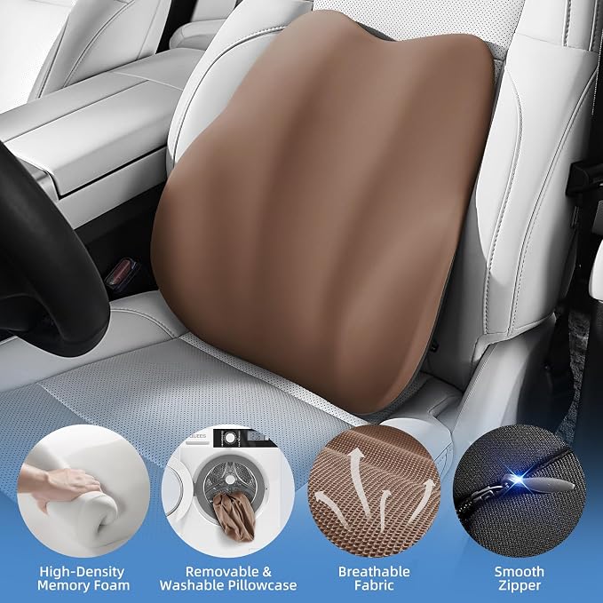BEBAS Lumbar Support Pillow for Car, Memory Foam Back Cushion for Driving, Ergonomic Lumbar Pillow for Pain Relief, Comfort Lower Back Support for Office Chairs, Car Seat, Wheelchair -Brown