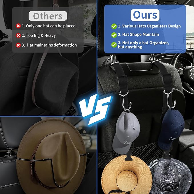 Purse Hook for Car, Adjustable Headrest Hooks & Hat Clip (2 Pack) | 100 LBS Heavy Duty | Metal Construction | Anti-Slip Clip | Tool-Free Install | All Vehicle Fit | Drivers Crews Families