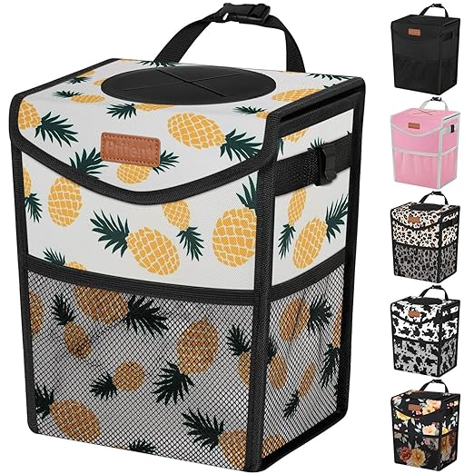 Pritent Car Trash Can with Lid, Cute Leakproof Car Trash Garbage Bag Hanging Vehicle Trash Bin Small Portable Automotive Garbage Cans Organizer for Back/Front Seat/Console(2.8 gal,Pineapple Print