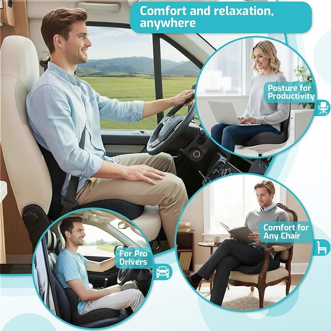 Trucker Seat Cushion, Thick Car Seat Cushions with Lumbar Support Pillow, Ergonomic L-Shaped Orthopedic Memory Foam for Long Driving Lower Back Pain Sciatica Relief Gift for Drivers (Black+Mesh cloth)