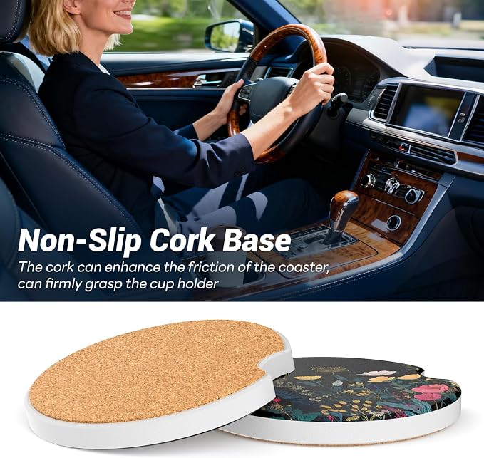 Car Cup Holder Ceramic Coasters 2 Pack, 2.56 in Anti Slip Absorbent Coaster with Cork Base and Finger Notch, Funny Cute Car Accessories Interior for Women, Wildflower