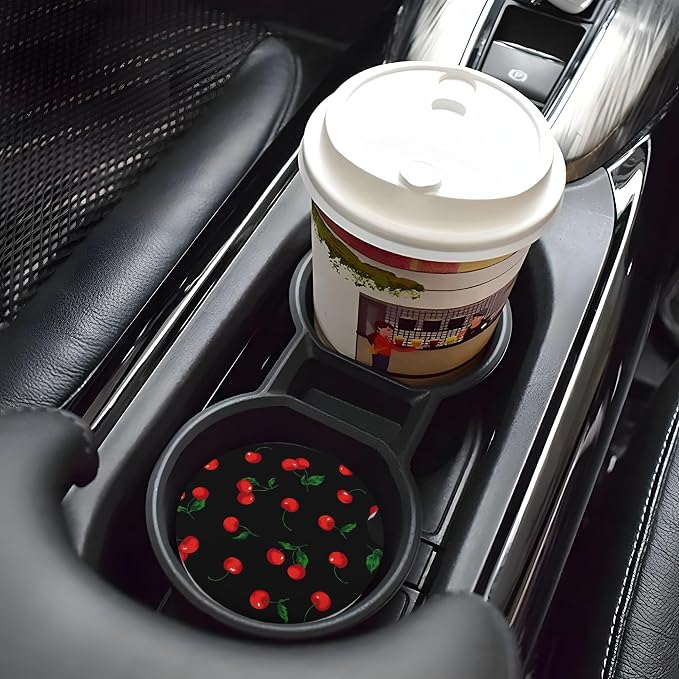 Cherry Watercolor Car Cup Holder Coasters 2 Pack 2.63" for Women | Pattern Universal Anti Slip Ceramic Absorbent Coaster with Cork Base and Finger Notch Cute Car Accessories Interior