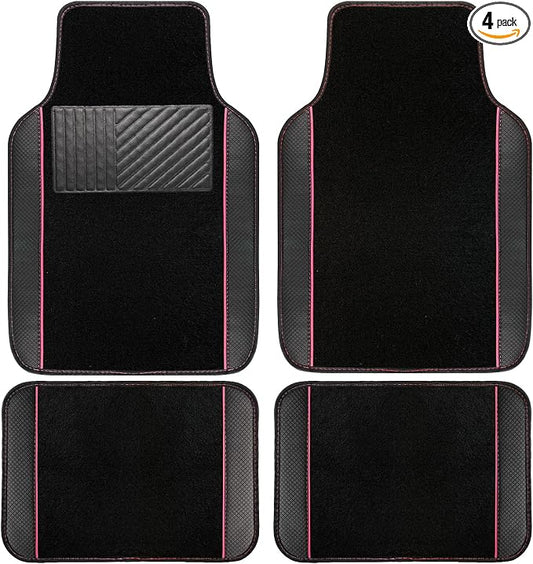 NBTEPEM Waterproof Universal Fit Car Floor Mats, Faux Leather Sporty Car Carpet Mats with Anti-Slip Nibbs Backing & Driver Heel Pad Fit for SUV, Vans, Sedans, Trucks, Set of 4 (Black with Pink line)