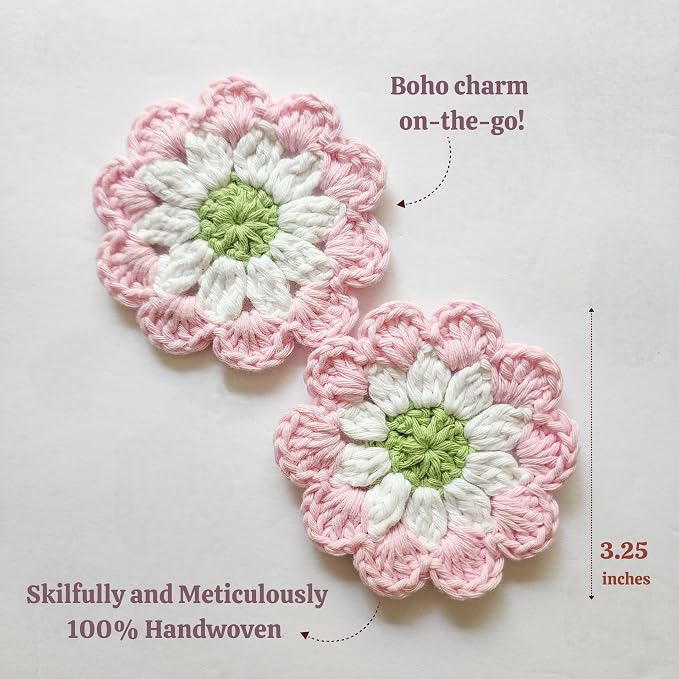 Cotton Car Coasters 2pc Car Cup Coasters Cute car Accessories for Women car Coaster for Cup Holders (Rosy Glow)