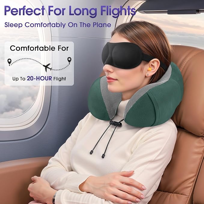 CloudBliss Travel Pillow for Airplane, Memory Foam Neck Pillow for Travel, Compact Flight Pillow with Eye Mask, Earplugs, Carry Bag,Travel Neck Pillow for Long Flight Sleep, Plane Accessories, Green