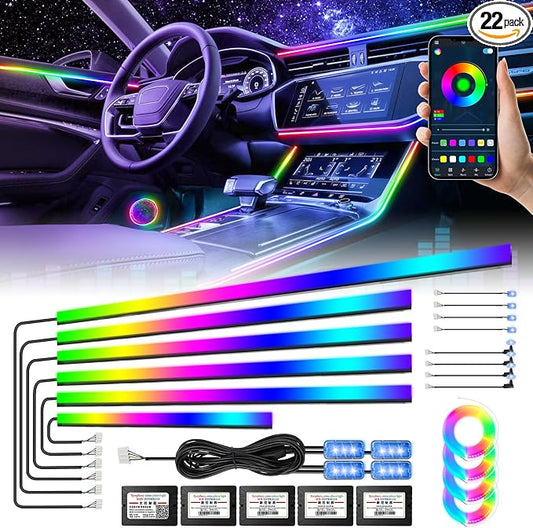 Acrylic Interior Car Light, AMKI Car LED Strip Light with APP Sub Control, Car Accessories Fiber Optic Car Ambient Light Kit with RGB Dreamcolor 22 in 1 and 175 inches 593 LEDs 213 DIY and Music Modes