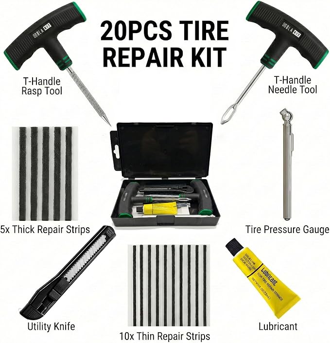 20PCS Tire Repair Kit – Flat Tire Plug Kit includes Ergonomic T-Handle Tools with Rubber Covered Grip, 2 Sizes Tire Repair strips, Knife, Tire Pressure Gauge & Lubricant – Car, SUV, Motorcycle, ATV