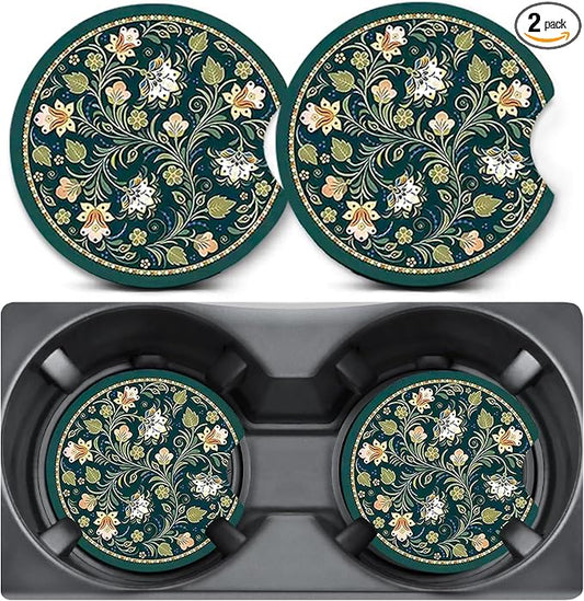 2 Pack Floral Car Coasters for Cup Holders,Neoprene Anti Slip Mat | 2.75" Universal Size,Auto Rubber Drink Coasters Decor Car Accessories Interior Floral Gifts for Women Men