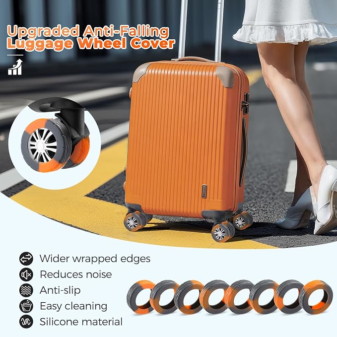8Pcs Upgrade Luggage Wheel Covers,Travel Accessories (Gunmetal Grey/Orange) | Wear-resistant & anti-noise silicone covers. Fits 2-2.4" wheels. Protects suitcase wheels. Travel essential for suitcases
