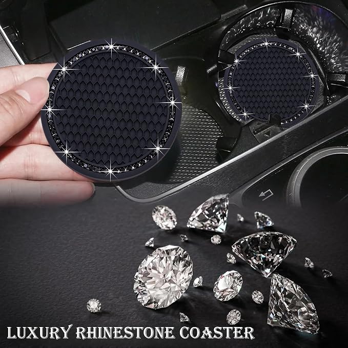4PCS Bling Cup Holder Coaster, 2.75 Inch Auto Car Cup Holder Insert Coasters, Soft Silicone Anti-Slip Shockproof, Universal Vehicle Interior Accessories for Women Girls (Black)