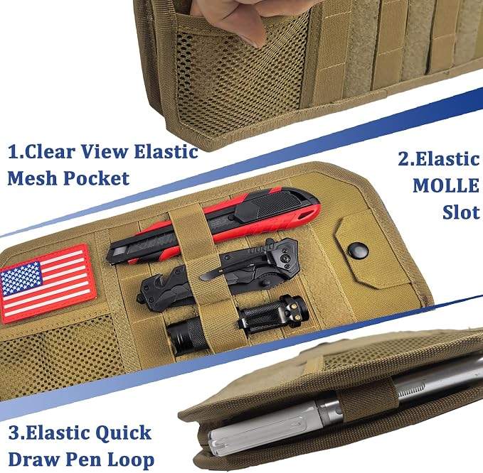 Car Sun Visor Organizer with 2 USA Flag Patches, 1000D Heavy Duty Polyester, Large Capacity MOLLE Panel, Zipper Storage, Fits Cars, SUVs, Trucks, Duty Gear & Overlanding (Khaki)