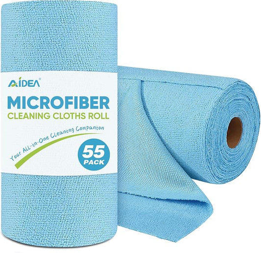 AIDEA Microfiber Cleaning Cloth Roll, Blue Shop Towels 55 Sheets Washable, Microfiber Towels for Cars, Blue Rags Reusable Paper Towel for Automotive, Workshop, House, Kitchen, Cleaning Supplies11×9"