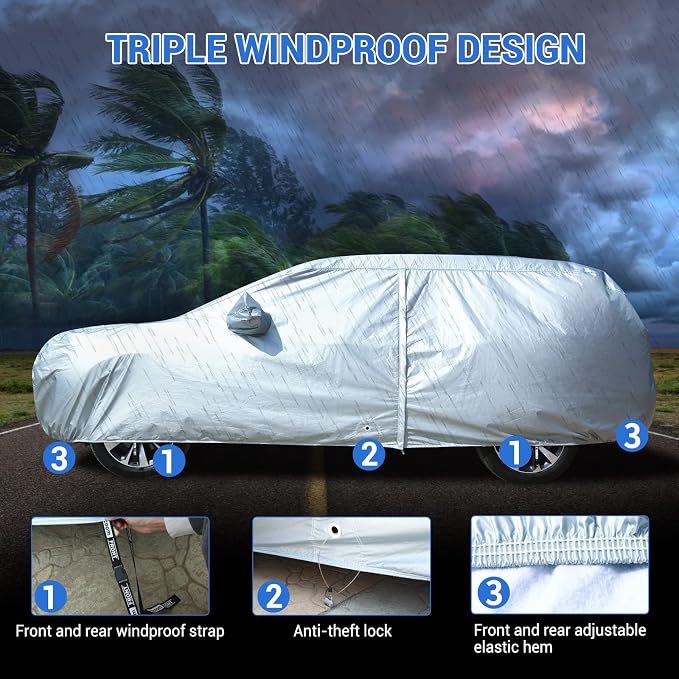 Tecoom Car Cover Waterproof All Weather, 8 Layers Soft Cotton Fleece Lining SUV Car Cover with Zipper Door & Lock, Windproof Rain Sun UV Hail Protector Full Exterior Covers Fit SUV (206-215 Inches)