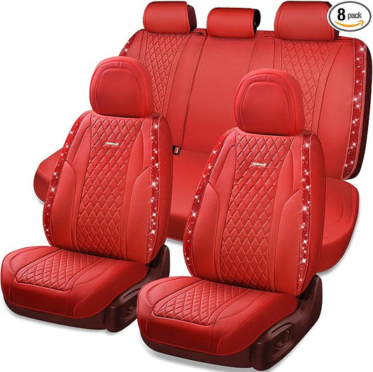 CAR PASS Nappa Leather Bling Diamond Car Seat Covers Full Set Universal Cushioned, Waterproof Heavy-Duty Anti-Slip Luxury Leather, Fit for SUV Sedan, Sparkly Glitter Shining Crystal Red Rhinestones