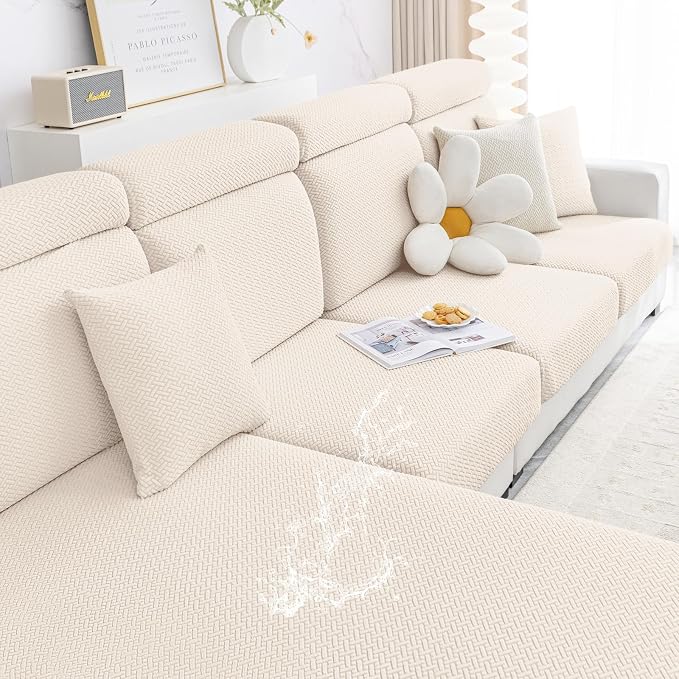 Smiry Waterproof Couch Cushion Covers, Stretch Jacquard Thick Sofa Cushion Covers, Washable Seat Slipcover Elastic Furniture Protector for Pets, Kid (Large, Light Biege)
