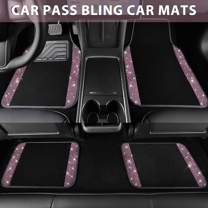 CAR PASS Bling Diamond Car Floor Mat Shining Rhinestones Carpet, Sparkly Glitter Crystal Anti-Slip PVC Heel Pad Automotive Universal Fit for SUV Sedan Car Van, 4pcs for Girl Cute Women, Black Pink