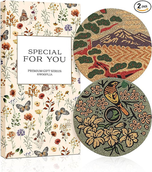 Swooflia Car Coasters for Women - Japanese Painting Cork Car Cupholder Coaster Cool Absorbent Mat Coaster with Cork Base 2 Pack Automotive Cup Holder Accessories New Driver Gifts for Decor