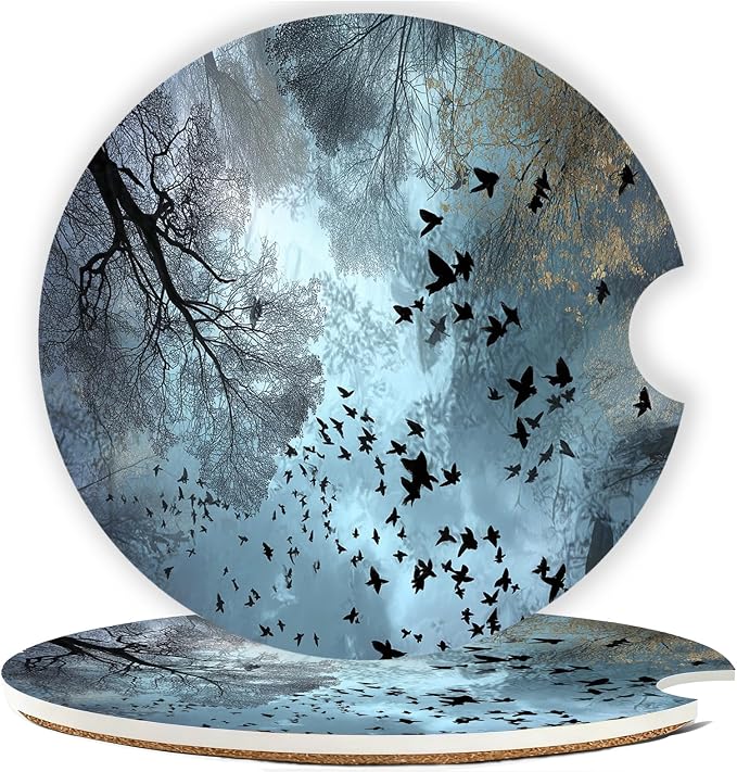 Car Cup Holder Coaster Set of 2, 2.56 in Ceramic Coasters, Scratch-Resistant Cork Backing, Finger Groove Design for Easy Placement, Cute Car Accessories Interior for Women (Blue Forest Bird)