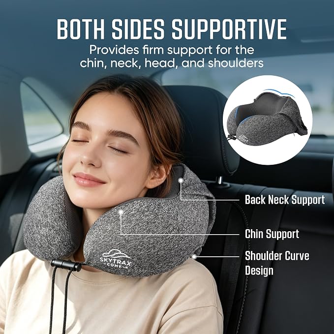 SkytraxComf® Travel Neck Pillow with Hood for Privacy on Long Flights | Memory Foam | Airplane Sleep | Safety-Tested Materials | Extra Large Hood | Chin Support | Earplugs | Washable Cover