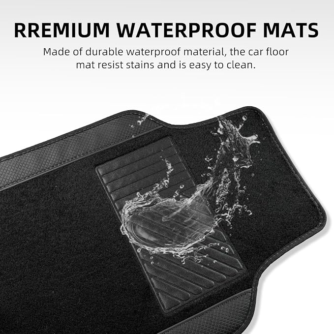 NBTEPEM Waterproof Universal Fit Car Floor Mats, Faux Leather Sporty Car Carpet Mats with Anti-Slip Nibbs Backing & Driver Heel Pad Fit for SUV, Vans, Sedans, Trucks, Set of 4 (Black)