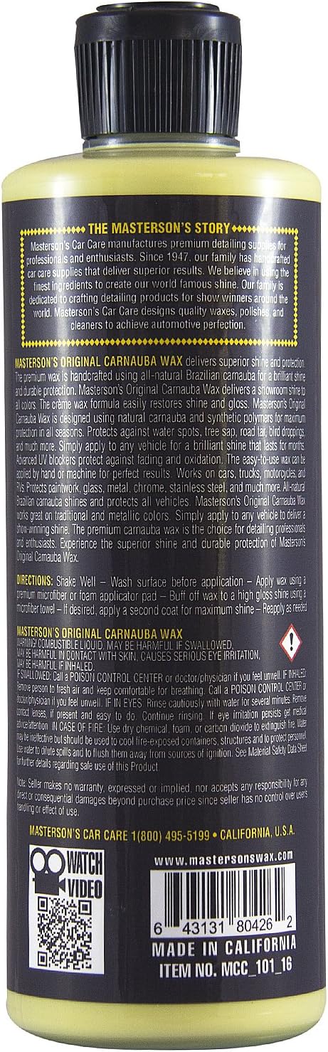 MASTERSON'S CAR CARE MCC_101_16 Original Carnauba Wax - Easy to Use Formula - Premium Wax Protects and Shines All Cars, Trucks, Motorcycles, RV, Boats (16 oz)