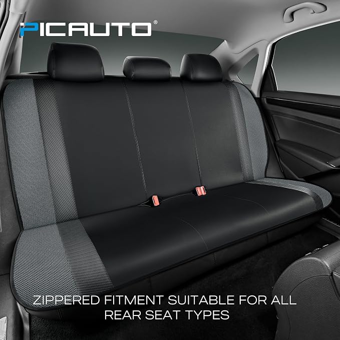 PIC AUTO Leather Car Seat Covers, Sports Carbon Fiber & Mesh Design, High-Back Full Set, Waterproof Automotive Seat Covers, Airbag Compatible, Universal Fit for Cars, SUVs, Trucks (Black & Gray)