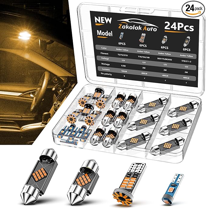 Zakolak 24PCS LED Interior Car Lights, Extremely Bright LED Bulb Kit, Applicable to Dome Map Door Lights and Other Parts Replacement for Your Cars, to Help You See Inside The Car at Night（Yellow）