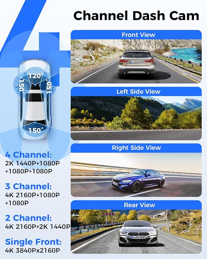 AZDOME 360° 4 Channel Dash Cam Front and Rear Inside, Built-in 128GB eMMC, 2K+1080P*3 Dashcam, Left Right, Voice Control, 5G WiFi Dash Camera for Cars with 4 Adjustable Lenses, IR Night Vision, M660