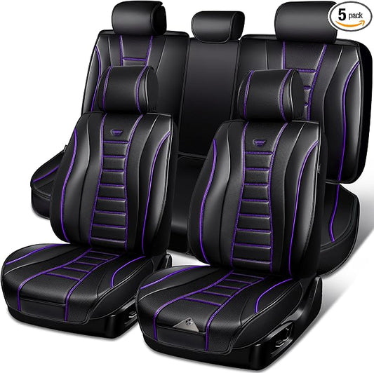 CAR PASS Universal Fit Piping Leather Seat Covers for Cars SUV Truck, Waterproof Nappa Leather Car Seat Covers Full Set, 3D Foam Seat Cover Luxury&Comfort&Durable Airbag Compatible,violet purple black