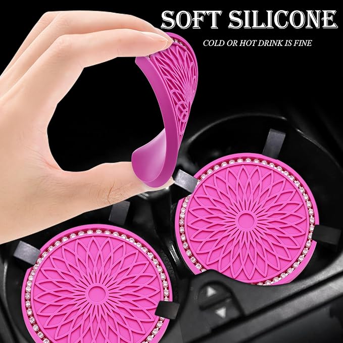 2PCS Bling Car Cup Holder Coasters, 2.75 Inch Silicone Anti-Slip Insert, Bling Shockproof Cup Mat for Women Girls, Universal Fit for Most Vehicles (Rose Red & White)