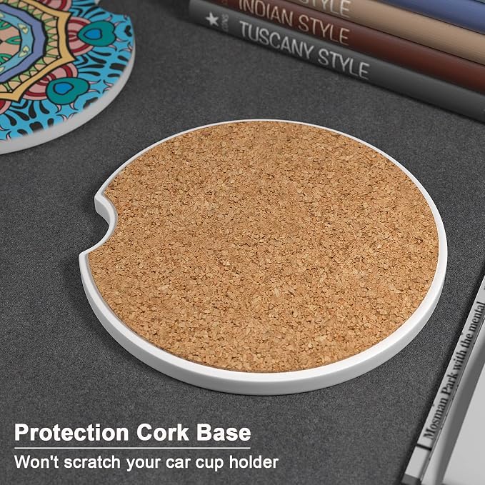 Nipichsha Car Coasters for Cup Holders, 2 Pack Absorbent Ceramic Car Cup Holder Coaster for Drinks, Cute Auto Assecories for Women Men, Size 2.56 in with Finger Notch & Cork Base, Mandala
