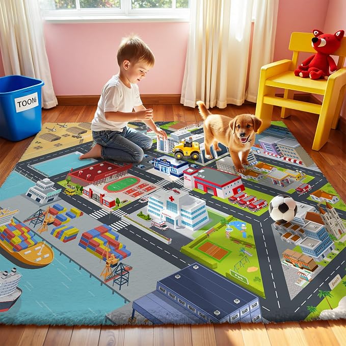 Nayoroom Kids Harbor City Road Rug, Faux Wool Car Map, Non-Slip, 3 x 5 ft | Harbor city road map; Waterfront scenes; Soft faux wool surface; Non-slip backing; Easy-care room accent