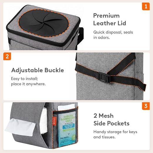 Lifewit Car Trash Can with Lid and Tissue Holder, Leak-Proof Waterproof Automotive Garbage Cans, Car Accessory Interior, Trash Bin for the Back/Front/Console of Car, 2 Gallons, Grey