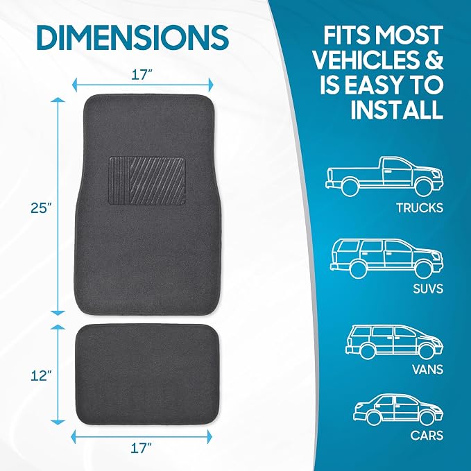 Premium 4 Piece Set of Carpet Car Floor Mats with Vinyl Safety Heel Pad for Car, Truck, SUV, Coupe Sedan, Black (MT-100-BK) Pack of 1