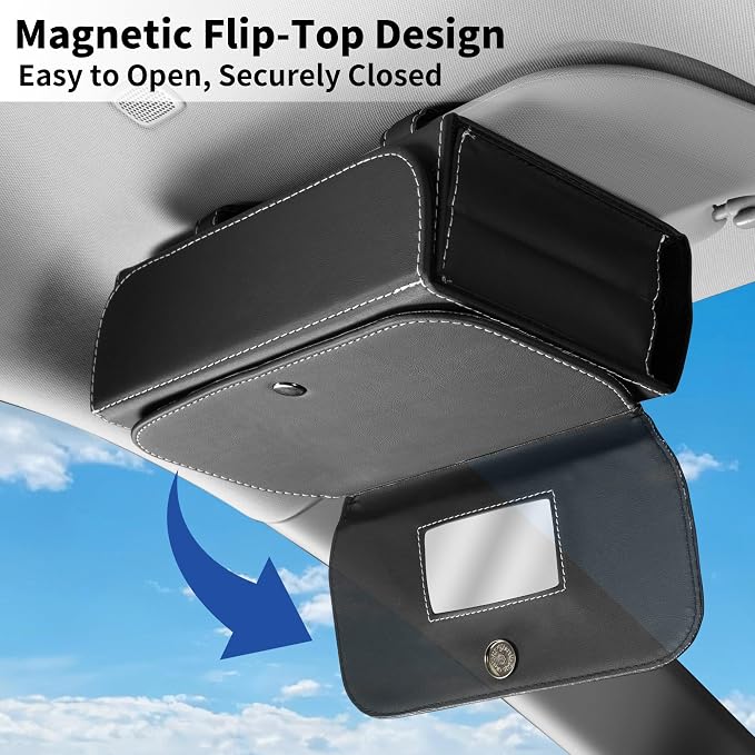 Car PU Leather Clip On Visor Tissue Holder with Mirror Storage Black | Tissues Box Cover for Sun Visors Large Rectangle Napkin Holder Fit for Various Tissue Sizes Box Organizer for SUV Sedan Truck