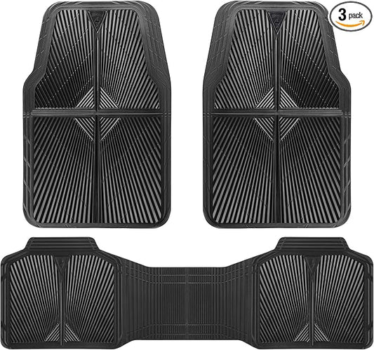 CAR PASS Rubber Floor Mats, All Weather Waterproof Trim-to-Fit Automotive Mats for Cars Trucks SUV, Anti-Slip Easy Clean, Heavy Duty Full Set 3-Piece, All Black