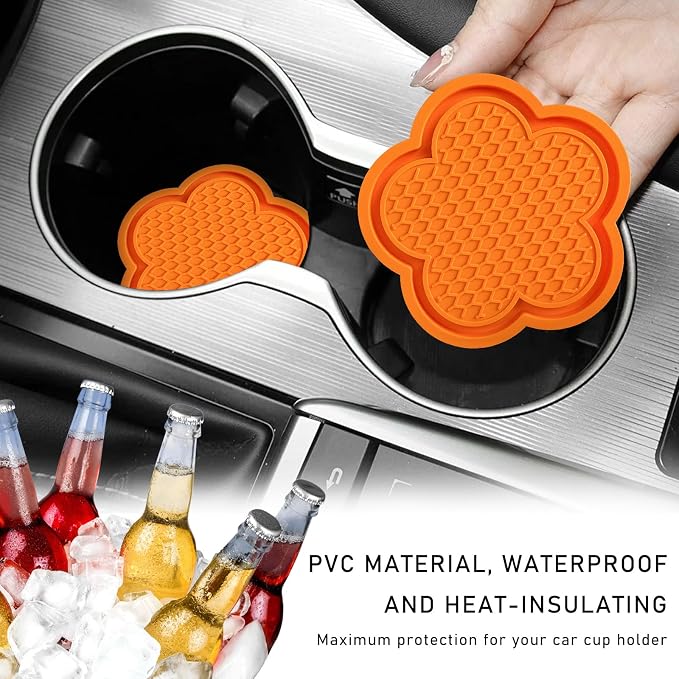 DXNQ 2 PCS Car Cup Coasters, Cute Flower Shaped Car Cup Holder Mat, PVC Waterproof Anti Slip Vehicle Cup Holder Insert Coaster, Universal Car Interior Decor Accessories (Orange)