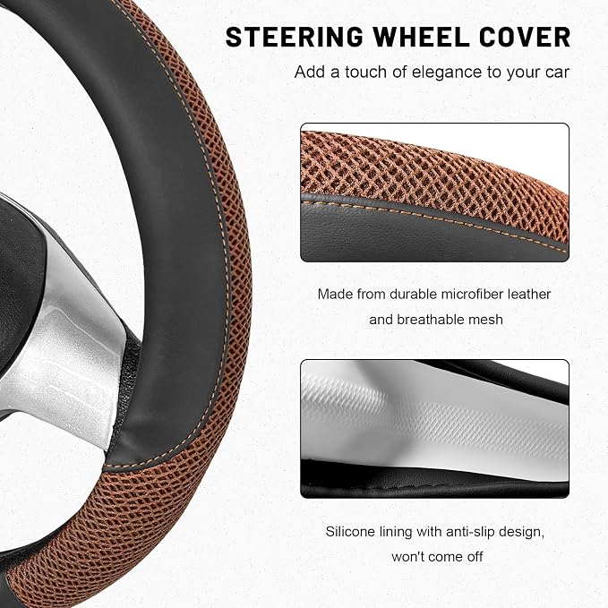 Sun Walker Steering Wheel Cover, 15 inch Breathable Steering Wheel Protector with Anti-Slip Lining, Comfortable Wheel Wrap Cover for Most Vehicles, Universal Car Accessories (Coffee)