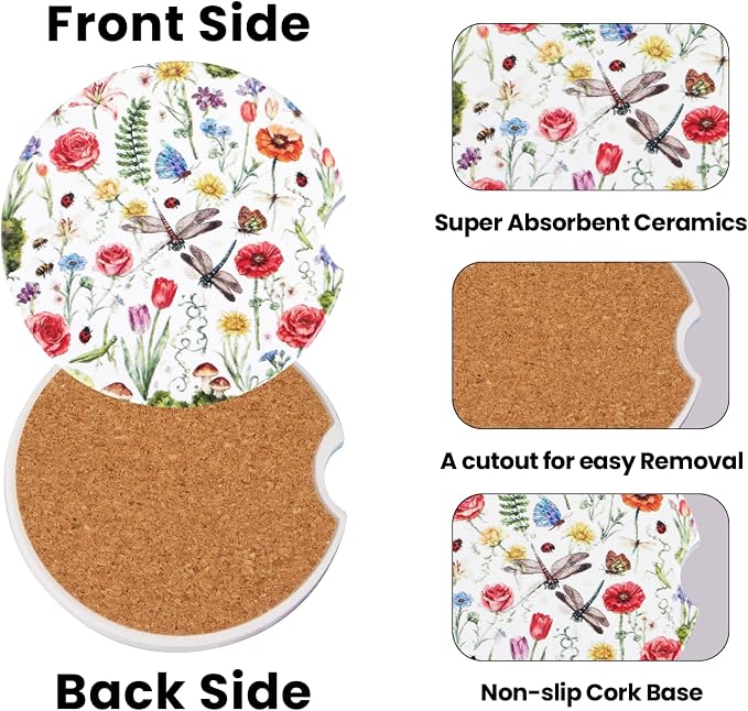 2 Pack Flower Car Coasters for Women Car Cup Holder Coasters, 2.63 Inch Anti Slip Ceramic Absorbent Coaster with Cork Base and Finger Notch, Cute Car Accessories Interior