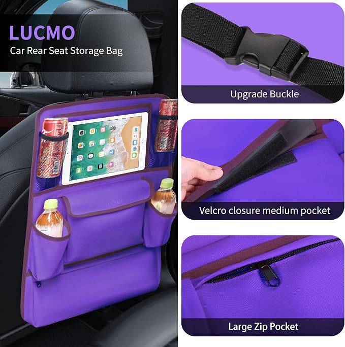 LUCMO Car Backseat Organizer with Touch Screen Tablet Holder, Dark Purple | 9 Storage Pockets,Clear Tablet Holder,Protectors Kick Mats,Travel Accessories,Seat Cover,Road Trip Essentials