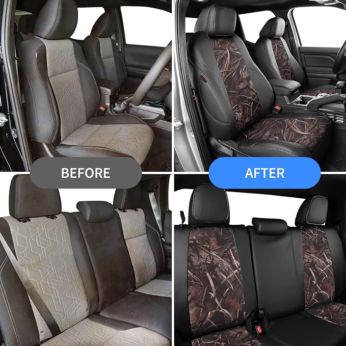 EKR Tacoma Seat Covers Custom Fit for Toyota Tacoma 2016 2017 2018 2019 2020 2021 2022 2023 Double Cab/Crew Cab -Truck Seat Covers for Car Full Set,Faux Leather(Black/Reed Camo)