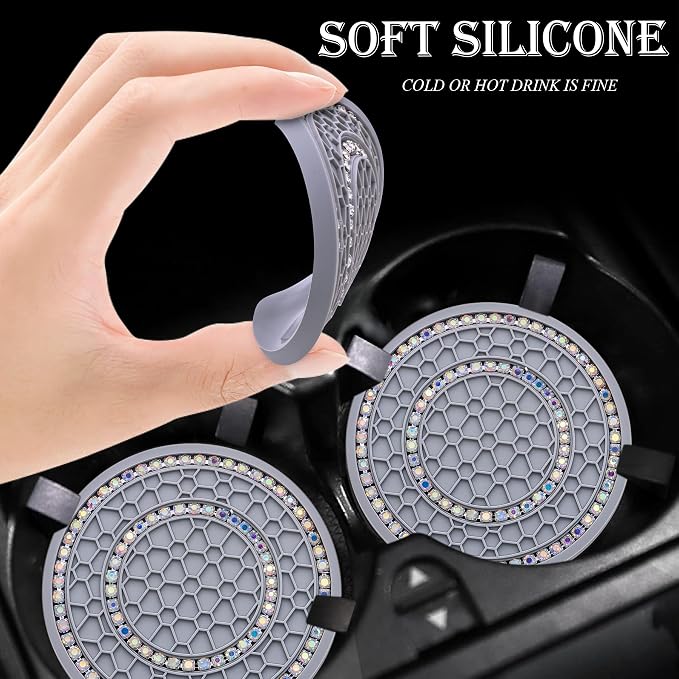 4PCS Bling Crystal Rhinestone Cup Holder Coaster, 2.75 inch Soft Silicone Anti-Slip Shockproof, Car Cup Holder Insert Coasters, Universal Car Interior Accessories for Women (Gray & Colorful)