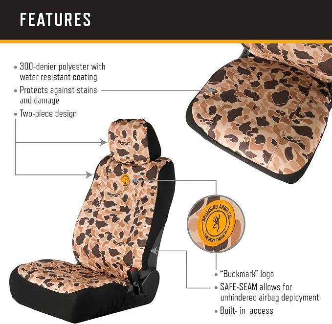 Browning Universal Low Back and Bench Seat Covers, Water and Dirt Resistant Car, Truck, and SUV Seat Covers, Arms Co. (Tan Duck Camo), Low Back (Single)