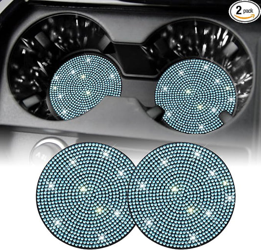 SINGARO Bling Cup Holder Coasters for Car, 2PCS Universal Non-Slip Cup Holder, Embedded Decorative Coasters, Shiny Crystal Car Interior Accessories Gifts for Women (Sky Blue)