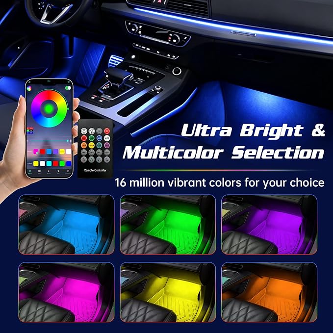 Led Lights for Car, Interior Car Lights, Car Accessories for Women Men | Great Kit For The Money|DIY 16 Million Colors|Music Mic Sync|Bluetooth App Remote Control|RGB 48LED Cigarette Lighter Adapter